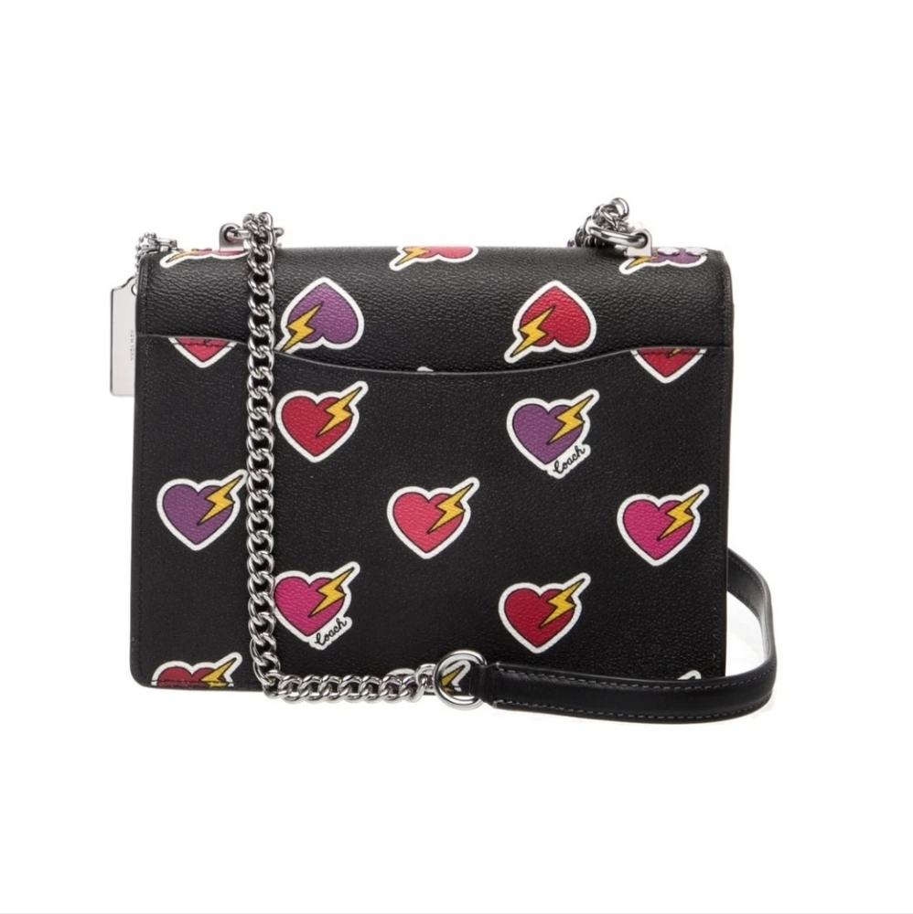 Coach Black Heart Print Crossbody Bag with Silver Chain - Picture 3 of 4